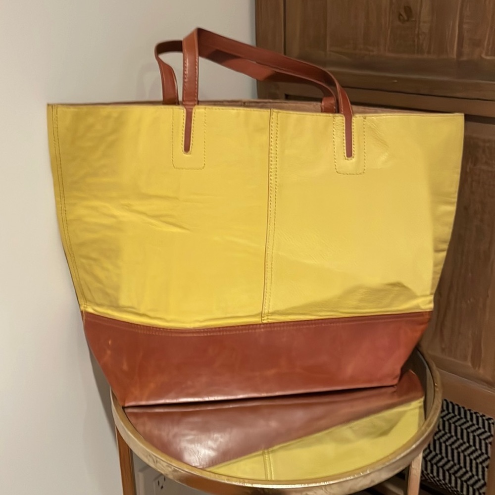 Color block leather tote.